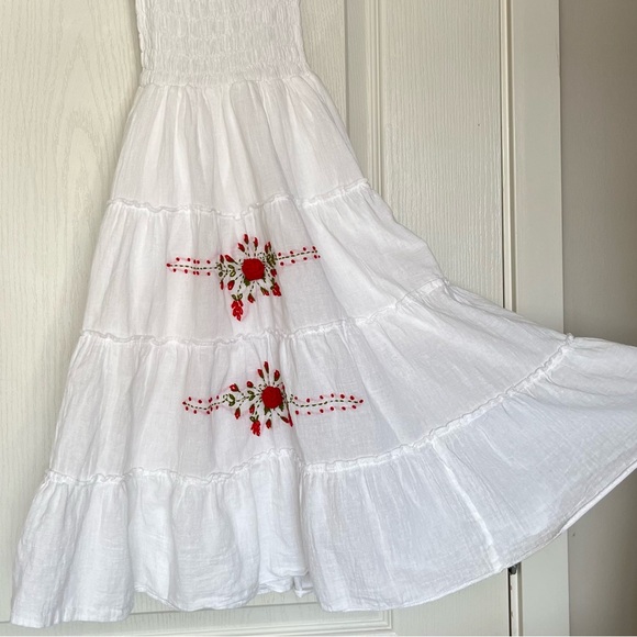 Boho Floral Embroidered Smocked Tiered Midi Dress Mexican Peasant Cottagecore - Picture 4 of 15